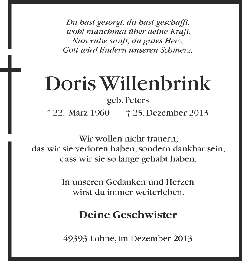  Traueranzeige für Doris Willenbrink vom 27.12.2013 aus OM-Medien